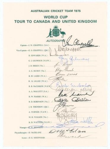 &lsquo;Australian Cricket Team 1975. World Cup tour to Canada and United Kingdom&rsquo;. Official autograph sheet with printed title and players&rsquo; names, fully signed in ink by all nineteen members of the Australian touring party. Players&rsquo; signatures are I. Chappell (