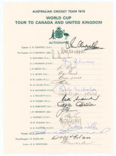 &lsquo;Australian Cricket Team 1975. World Cup tour to Canada and United Kingdom&rsquo;. Official autograph sheet with printed title and players&rsquo; names, fully signed in ink by all nineteen members of the Australian touring party. Players&rsquo; signatures are I. Chappell (