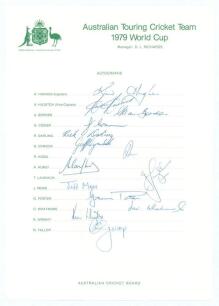 &lsquo;Australian Touring Cricket Team 1979 World Cup&rsquo;. Official autograph sheet with printed title and players&rsquo; names fully signed in biro by all fourteen members of the touring party. Signatures are Hughes (Captain), Hilditch, Border, Cosier, Darling, Dymock,