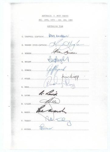 Australia v West Indies 1979/80. Official autograph sheet with printed title and players&rsquo; names signed by the twelve members of the Australian team for the 2nd Test, Melbourne, 29th December 1979- 2nd January 1980. Signatures are Chappell (Captain), Hughe