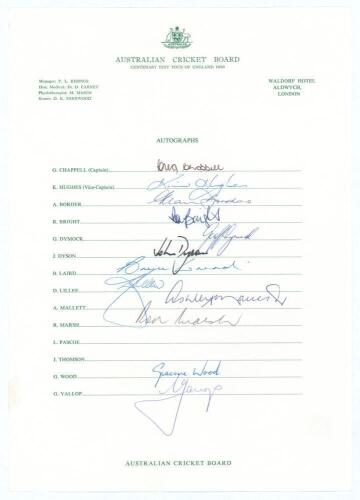 Australia tour to England 1980. Centenary Test tour. Official Australian Cricket Board autograph sheet with printed title and players&rsquo; names, signed in ink by twelve of the listed playing members of the Australia touring party. Signatures are Chappell (Ca