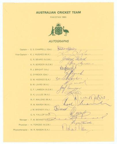 &lsquo;Australian Cricket Team. Pakistan 1980&rsquo;. Official autograph sheet with printed title and players&rsquo; names fully signed in biro by all seventeen members of the touring party. Players&rsquo; signatures are Chappell (Captain), Hughes, Beard, Border, Bright, Dymock,