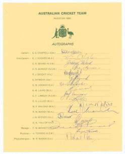 &lsquo;Australian Cricket Team. Pakistan 1980&rsquo;. Official autograph sheet with printed title and players&rsquo; names fully signed in biro by all seventeen members of the touring party. Players&rsquo; signatures are Chappell (Captain), Hughes, Beard, Border, Bright, Dymock,