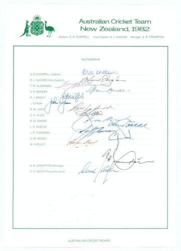 Australia tour of New Zealand 1981/82. Official autograph sheet fully signed by all fifteen members of the touring party. Players&rsquo; signatures are G. Chappell (Captain), Hughes, Alderman, Border, Bright, Dyson, Laird, Lillee, Marsh, Pascoe, Thomson, Wood a