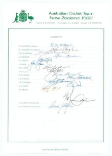 Australia tour of New Zealand 1981/82. Official autograph sheet fully signed by all fifteen members of the touring party. Players&rsquo; signatures are G. Chappell (Captain), Hughes, Alderman, Border, Bright, Dyson, Laird, Lillee, Marsh, Pascoe, Thomson, Wood a