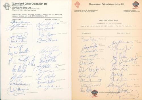 Queensland, Australia 1984/85- 1990/91. Two official Queensland Cricket Association autograph sheets for matches played at Brisbane with the majority of players&rsquo; names annotated in pencil below each signature. Matches are Queensland v Western Australia 14