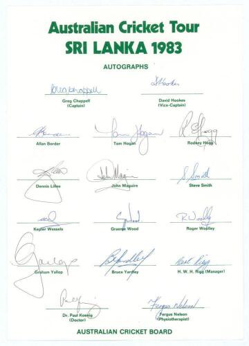 Australian tour of Sri Lanka 1982/83. Official Australian Cricket Board autograph sheet fully signed by all fifteen members of the touring party. Players&rsquo; signatures are G. Chappell (Captain), Hookes, Border, Hogan, Hogg, Lillee, Maguire, Smith, Wessels, 