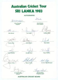Australian tour of Sri Lanka 1982/83. Official Australian Cricket Board autograph sheet fully signed by all fifteen members of the touring party. Players&rsquo; signatures are G. Chappell (Captain), Hookes, Border, Hogan, Hogg, Lillee, Maguire, Smith, Wessels, 