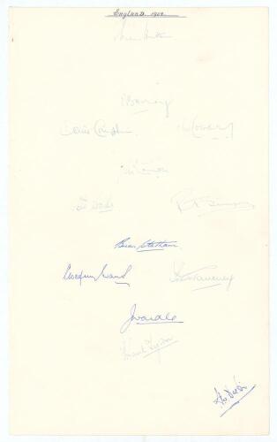 &lsquo;England 1954&rsquo;. Large sheet of &lsquo;ledger&rsquo; size paper (9.5&rdquo;x15.5&rdquo;) nicely signed in ink by thirteen members of the 1954/55 England touring party to Australia. Signatures are Hutton (Captain), May, Compton, Cowdrey, McConnon, Loader, Simpson, Statham, Evans, 