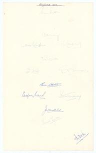 &lsquo;England 1954&rsquo;. Large sheet of &lsquo;ledger&rsquo; size paper (9.5&rdquo;x15.5&rdquo;) nicely signed in ink by thirteen members of the 1954/55 England touring party to Australia. Signatures are Hutton (Captain), May, Compton, Cowdrey, McConnon, Loader, Simpson, Statham, Evans, 