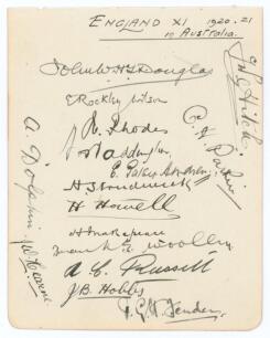 England tour to Australia 1920/21. Album page very nicely and fully signed in black ink by all sixteen members of the touring party. Signatures are Douglas (Captain), Wilson, Rhodes, Waddington, Hendren, Strudwick, Howell, Makepeace, Woolley, Russell, Hob
