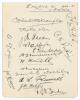 England tour to Australia 1920/21. Album page very nicely and fully signed in black ink by all sixteen members of the touring party. Signatures are Douglas (Captain), Wilson, Rhodes, Waddington, Hendren, Strudwick, Howell, Makepeace, Woolley, Russell, Hob