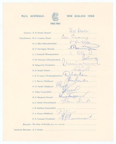 M.C.C. tour to Australia & New Zealand 1962/63. Official M.C.C. autograph sheet with printed title and players&rsquo; names, nicely signed in ink by sixteen of the listed playing members of the touring party. Signatures are Dexter (Captain), Cowdrey, Allen, Bar