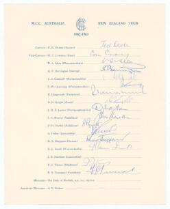 M.C.C. tour to Australia & New Zealand 1962/63. Official M.C.C. autograph sheet with printed title and players&rsquo; names, nicely signed in ink by sixteen of the listed playing members of the touring party. Signatures are Dexter (Captain), Cowdrey, Allen, Bar