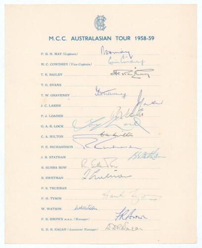 &lsquo;M.C.C. Australasian Tour 1958-59&rsquo;. Official M.C.C. autograph sheet with printed title and players&rsquo; names, nicely signed in ink by sixteen of the listed members of the touring party. Signatures are May (Captain), Cowdrey, Bailey, Graveney, Laker, Loader, 
