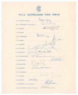 &lsquo;M.C.C. Australasian Tour 1958-59&rsquo;. Official M.C.C. autograph sheet with printed title and players&rsquo; names, nicely signed in ink by sixteen of the listed members of the touring party. Signatures are May (Captain), Cowdrey, Bailey, Graveney, Laker, Loader, 