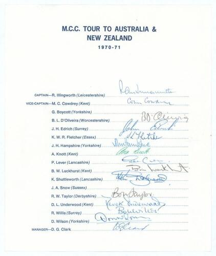M.C.C. tour to Australia & New Zealand 1970/71. Official autograph sheet with printed title and players&rsquo; names nicely signed in ink by fifteen of the listed members of the touring party. Signatures are Illingworth (Captain), Cowdrey, D&rsquo;Oliveira, Edrich, F