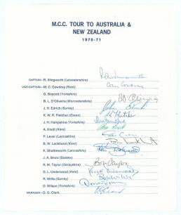 M.C.C. tour to Australia & New Zealand 1970/71. Official autograph sheet with printed title and players&rsquo; names nicely signed in ink by fifteen of the listed members of the touring party. Signatures are Illingworth (Captain), Cowdrey, D&rsquo;Oliveira, Edrich, F