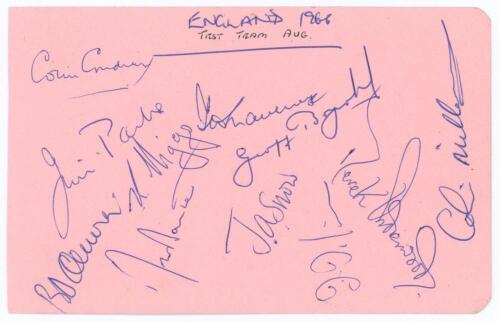 England v West Indies 1966. Album page signed in biro by the eleven members of the England team for the 4th Test, Headingley 4th- 8th August 1966. Signatures are Cowdrey (Captain), Parks, Higgs, Graveney, Boycott, D&rsquo;Oliveira, Barber, Snow, Titmus, Underwo