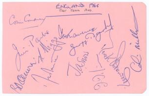 England v West Indies 1966. Album page signed in biro by the eleven members of the England team for the 4th Test, Headingley 4th- 8th August 1966. Signatures are Cowdrey (Captain), Parks, Higgs, Graveney, Boycott, D&rsquo;Oliveira, Barber, Snow, Titmus, Underwo