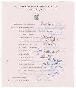 M.C.C. tour to India, Pakistan & Ceylon 1972/73. Official M.C.C. autograph sheet nicely and fully signed by all eighteen listed members of the M.C.C. touring party. Signatures are Lewis (Captain), Denness, Amiss, Arnold, Birkenshaw, Cottam, Fletcher, Giff