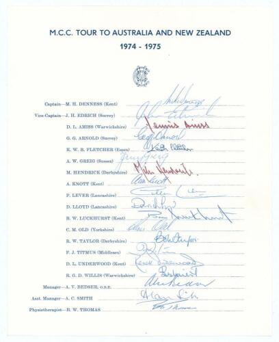 M.C.C. tour to Australia & New Zealand 1974/75. Official M.C.C. autograph sheet with printed title and players&rsquo; names nicely and fully signed in ink by all nineteen of the listed members of the touring party. Signatures are Denness (Captain), Edrich, Amis