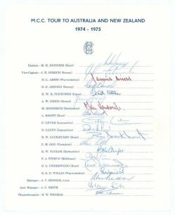 M.C.C. tour to Australia & New Zealand 1974/75. Official M.C.C. autograph sheet with printed title and players&rsquo; names nicely and fully signed in ink by all nineteen of the listed members of the touring party. Signatures are Denness (Captain), Edrich, Amis
