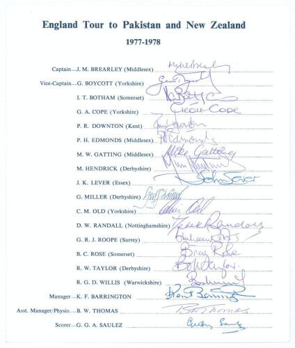 England tour to Pakistan & New Zealand 1977/78. Official autograph sheet with printed title and players&rsquo; names, fully signed in biro by all nineteen listed members of the touring party. Players&rsquo; signatures are Brearley (Captain), Boycott, Botham, Cope, Do