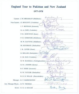England tour to Pakistan & New Zealand 1977/78. Official autograph sheet with printed title and players&rsquo; names, fully signed in biro by all nineteen listed members of the touring party. Players&rsquo; signatures are Brearley (Captain), Boycott, Botham, Cope, Do