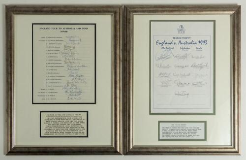England 1979/80 and 1993. Two official England autograph sheets, one for the tour to Australia & India 1979/80 fully signed by all twenty listed members of the touring party in ink. Players&rsquo; signatures are Brearley (Captain), Willis, Bairstow, Botham, Boy