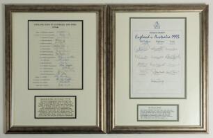 England 1979/80 and 1993. Two official England autograph sheets, one for the tour to Australia & India 1979/80 fully signed by all twenty listed members of the touring party in ink. Players&rsquo; signatures are Brearley (Captain), Willis, Bairstow, Botham, Boy