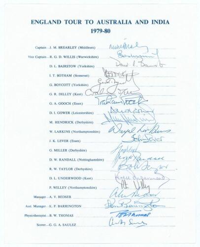 England tour to Australia & India 1979/80. Official autograph sheet with printed title and players&rsquo; names, fully signed in ink by all twenty listed members of the touring party. Sold with an official M.C.C. autograph sheet for the Centenary Test Match, Lo