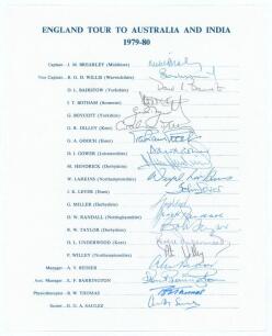 England tour to Australia & India 1979/80. Official autograph sheet with printed title and players&rsquo; names, fully signed in ink by all twenty listed members of the touring party. Sold with an official M.C.C. autograph sheet for the Centenary Test Match, Lo