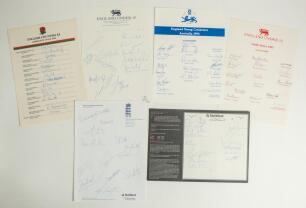 England development and representative team autograph sheets 1985-1998. Five official autograph sheets and one scorecard of England development and representative teams. Sheets are English Counties XI tour to Zimbabwe 1985 (15 signatures), England Under-1