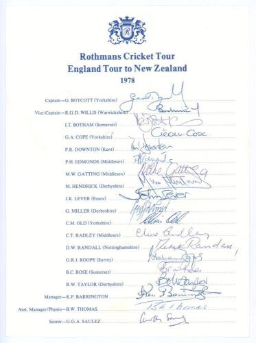 &lsquo;Rothmans Cricket Tour. England Tour to New Zealand 1978&rsquo;. Rarer official autograph sheet with printed title and players&rsquo; names. Nicely and fully signed in biro by all nineteen members of the touring party. Players&rsquo; signatures are Boycott (Captain), Willi