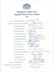 &lsquo;Rothmans Cricket Tour. England Tour to New Zealand 1978&rsquo;. Rarer official autograph sheet with printed title and players&rsquo; names. Nicely and fully signed in biro by all nineteen members of the touring party. Players&rsquo; signatures are Boycott (Captain), Willi