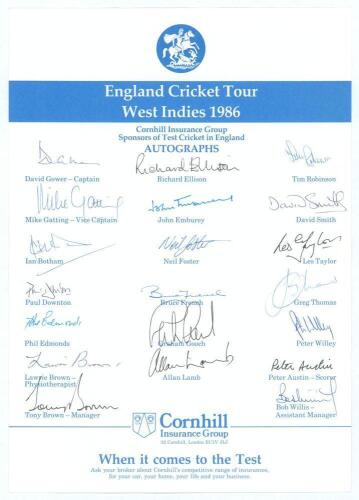 England tour to West Indies 1986. Official Cornhill Insurance autograph sheet fully signed in ink by all twenty members of the touring party. Players&rsquo; signatures are Gower (Captain), Gatting, Botham, Downton, Edmonds, Ellison, Emburey, Foster, French, Goo
