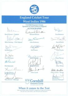 England tour to West Indies 1986. Official Cornhill Insurance autograph sheet fully signed in ink by all twenty members of the touring party. Players&rsquo; signatures are Gower (Captain), Gatting, Botham, Downton, Edmonds, Ellison, Emburey, Foster, French, Goo