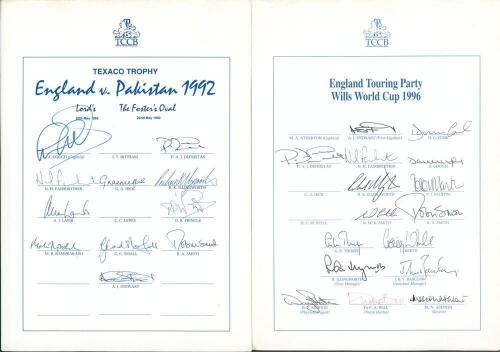 England 1992-1996. Four official England autograph sheets. England v Pakistan Texaco Trophy 1992, 11 signatures, lacking one. England Touring Party Wills World Cup 1996, 16, lacking three. England v India, 3rd Test, Trent Bridge 1996, 11, lacking two. Eng