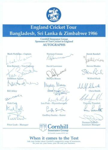 England tour to Bangladesh, Sri Lanka & Zimbabwe 1986. Official Cornhill Insurance autograph sheet fully signed in ink by all eighteen members of the touring party. Players&rsquo; signatures are Nicholas (Captain), Barnett, Agnew, Athey, Cook, Cowans, Lawrence,