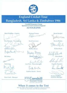 England tour to Bangladesh, Sri Lanka & Zimbabwe 1986. Official Cornhill Insurance autograph sheet fully signed in ink by all eighteen members of the touring party. Players&rsquo; signatures are Nicholas (Captain), Barnett, Agnew, Athey, Cook, Cowans, Lawrence,