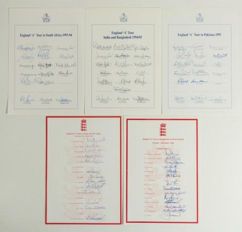 England &lsquo;A&rsquo; tours 1993-1999. Five official England autograph sheets for overseas tours to South Africa 1993/94 (17 signatures), India & Bangladesh 1994/95 (19), Pakistan 1995 (17), Kenya & Sri Lanka 1997/98 (13), and Bangladesh & New Zealand 1999 (14). Si