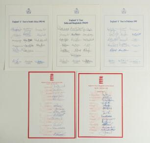 England &lsquo;A&rsquo; tours 1993-1999. Five official England autograph sheets for overseas tours to South Africa 1993/94 (17 signatures), India & Bangladesh 1994/95 (19), Pakistan 1995 (17), Kenya & Sri Lanka 1997/98 (13), and Bangladesh & New Zealand 1999 (14). Si