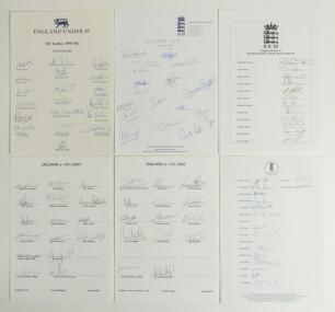 England Under-19 and Under-17 autograph sheets 1993-2007. Six official autograph sheets including four for England Under-19 tours and series to Sri Lanka 1993/94 (18 signatures), v South Africa Under 19 series 2003 (12), &lsquo;England U-19&rsquo;s 2007&rsquo; (two differe