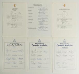 England v West Indies autograph sheets 1995. Six official autograph sheets of England teams for the one-day international and Test series against West Indies. Sheets are for the Texaco Trophy, Lord&rsquo;s 28th May (11 signatures), 1st Test Headingley (15), 2nd