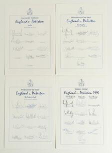 England v Pakistan autograph sheets 1996. Four official autograph sheets of England teams for the Test and one-day international series against Pakistan. Sheets are for 1st Test, Lord&rsquo;s (9 signatures), 2nd Test, Headingley (11), 3rd Test, The Oval (12), a