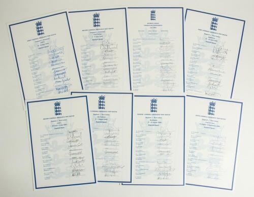 England v Zimbabwe & West Indies autograph sheets 2000. Eight official autograph sheets of England teams for Test matches and one day Internationals played in England in 2000. Sheets are for the two Test matches v Zimbabwe, 1st Test, Lord&rsquo;s (13 signatures