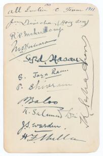 All India tour of England 1911 (1st Indian tour). Rare album page very nicely signed in ink by eleven members of the Indian touring party. Signatures are Meherhomji, Bulsara, Syed Hasan [Hussain], Jayaram, Shivram, Baloo, Salam-ud-din, Warden, Mulla, Sesh