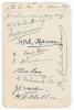 All India tour of England 1911 (1st Indian tour). Rare album page very nicely signed in ink by eleven members of the Indian touring party. Signatures are Meherhomji, Bulsara, Syed Hasan [Hussain], Jayaram, Shivram, Baloo, Salam-ud-din, Warden, Mulla, Sesh