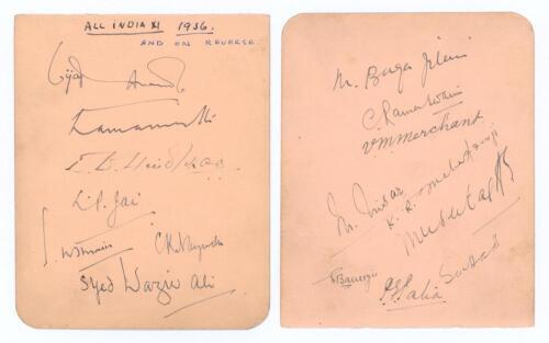 All India tour of England 1936. Album page very nicely signed in ink to both sides of the page by sixteen members of the Indian touring party to England in 1936. Signatures are Maharajkumar of Vizianagram, Amarnath, Hindlekar, Jai, S.M. Hussain, Nayudu, W